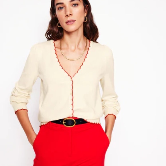 Boden Tops - NWT BODEN Pru Scallop Trim Cardigan Cream Red Size XS V-Neck Cotton Blend